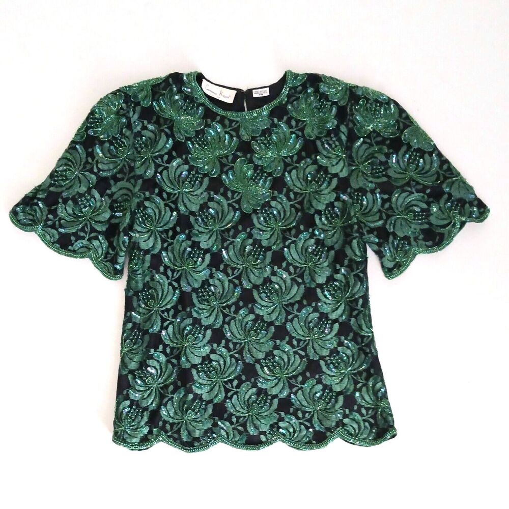 VTG Lawrence Kazar Beaded Top Green/Black Scalloped Hem Sleeves  PM Fits Sz S